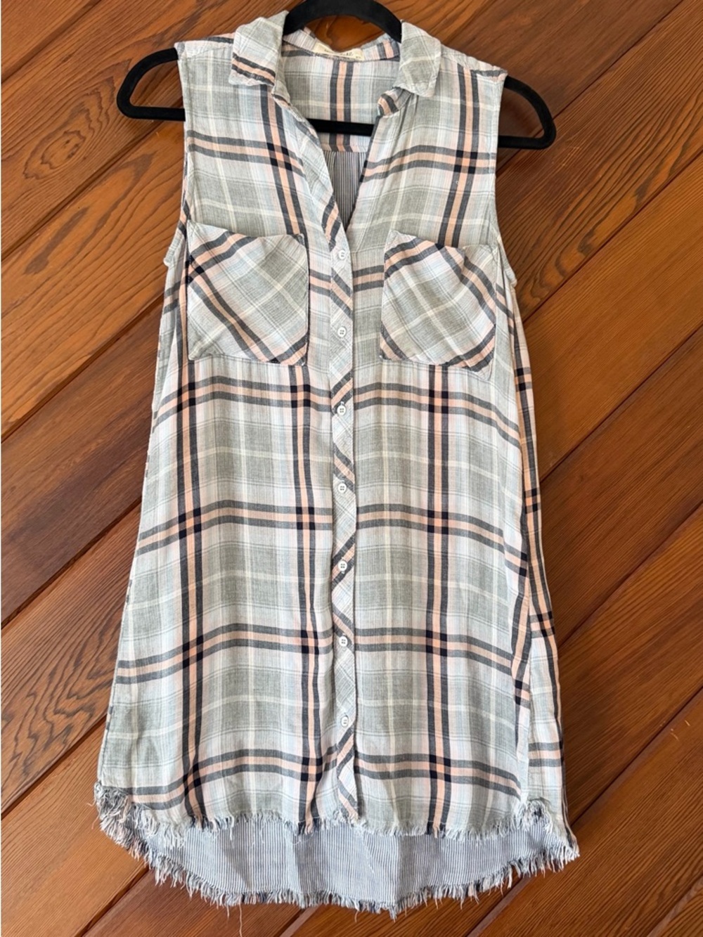Bella Dahl Sleeveless Plaid Button Down Shirt Tunic Frayed Hem XS Viscose Tencel